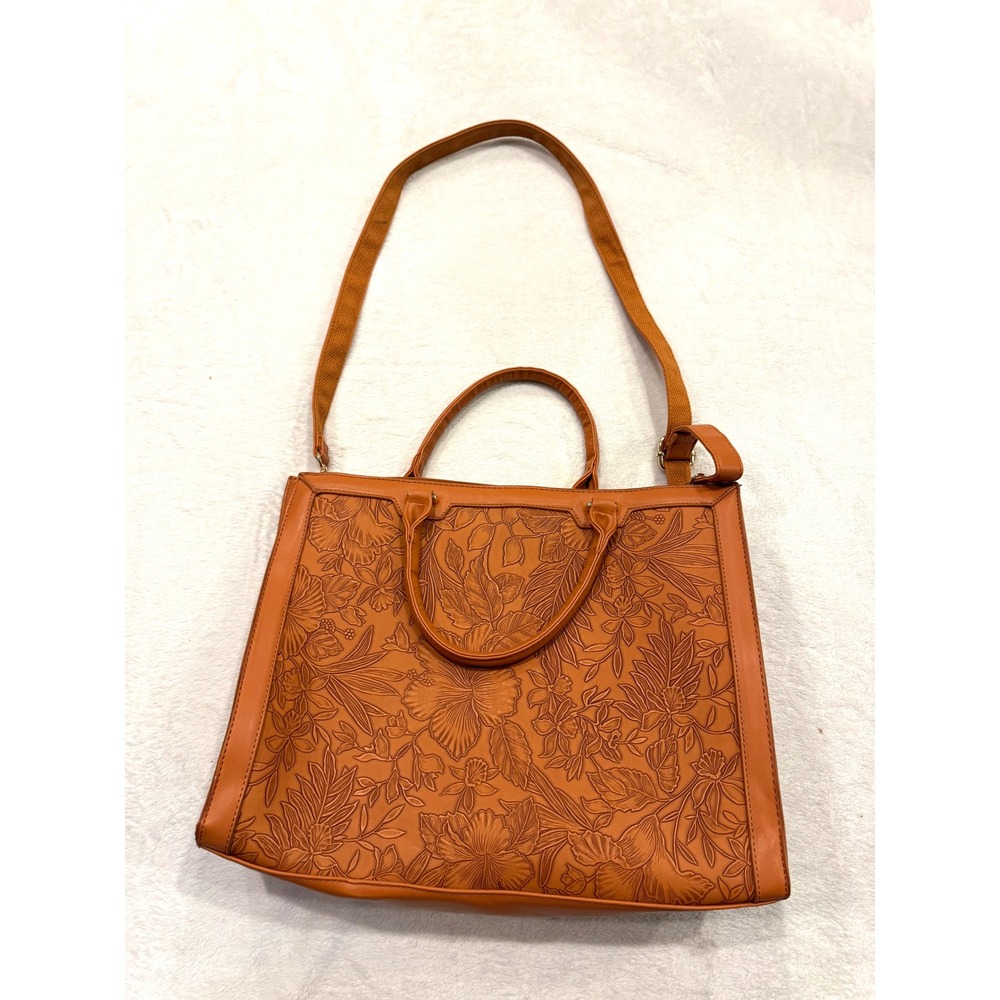 Nubily Tan Brown Embossed Floral Laptop Tote Bag Faux Leather Crossbody Handbag